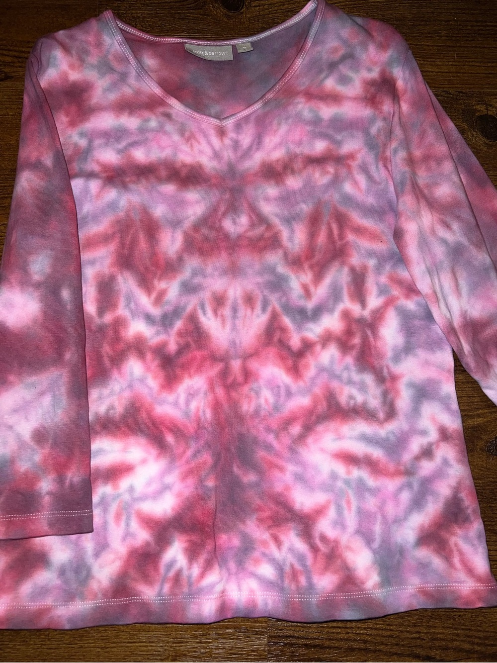 Pink Tie-Dye V-Neck Psychedelic Festival Stretch Long Sleeve Cotton Top Size M - Picture 6 of 8